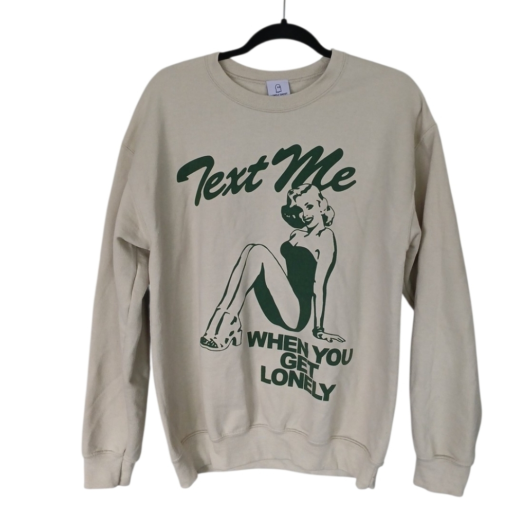 Lonely Ghost Beige Pinup Girl Graphic Text Me Sweatshirt Size Medium